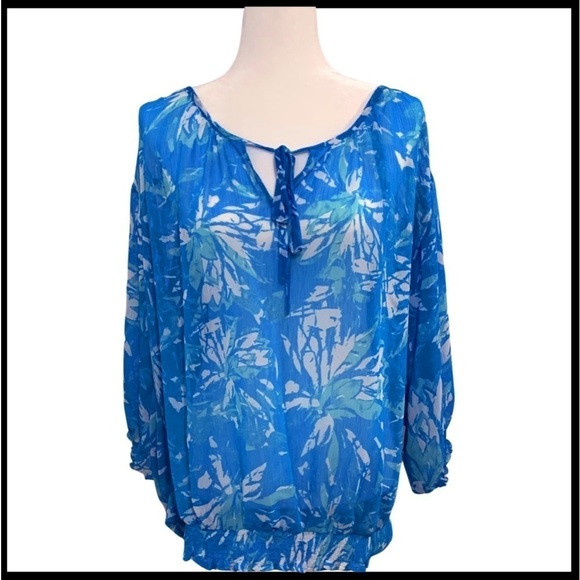 Lane Bryant 14/16 Sheer Blue Floral Printed Peasant Blouse - Picture 1 of 3